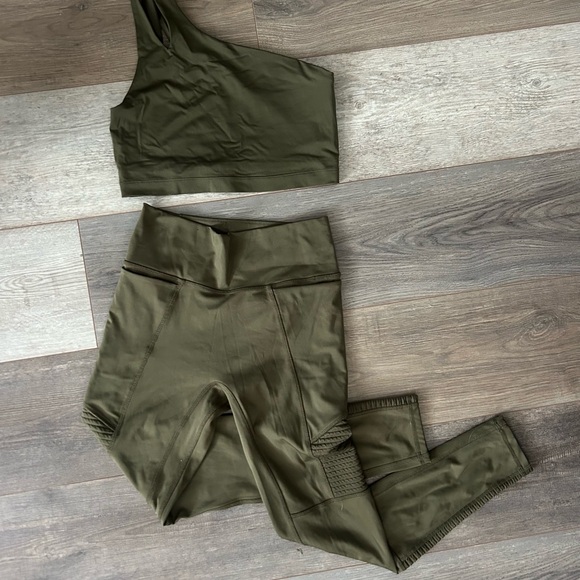 Fabletics Pants - Fabletics Olive One-Shoulder Sports Bra & High-Waist Leggings Set